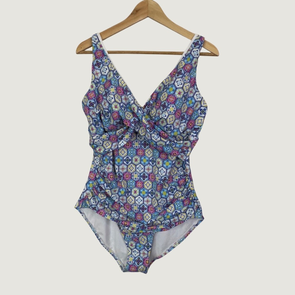 Bal Harbour Swim One Piece Swimsuit 16 Blue Geometric Ruched V-Neck Boho Beach
